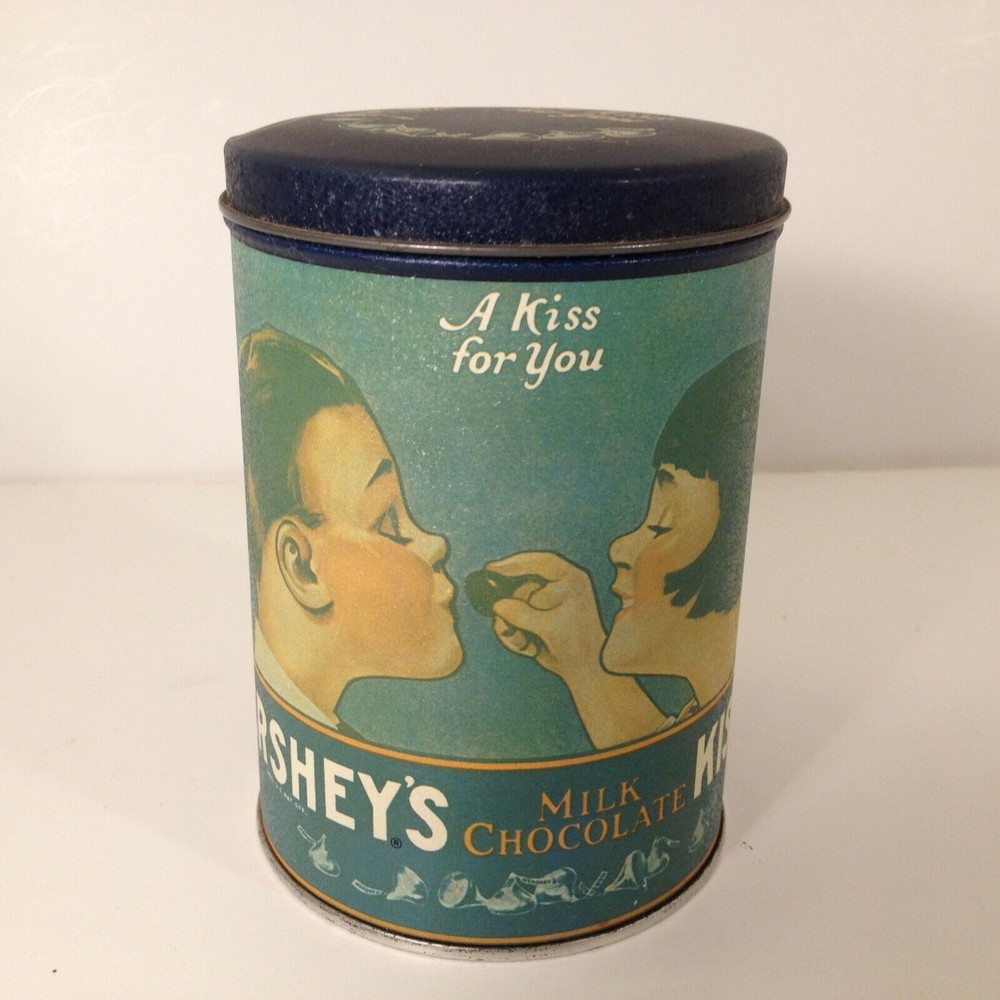 Vintage 1980 Hershey's Chocolate Tin Can A Kiss For You - 6" Tall USA Made